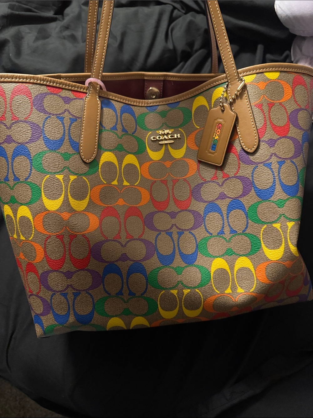COACH Multicolor Signature Tote with Tan Leather Trim